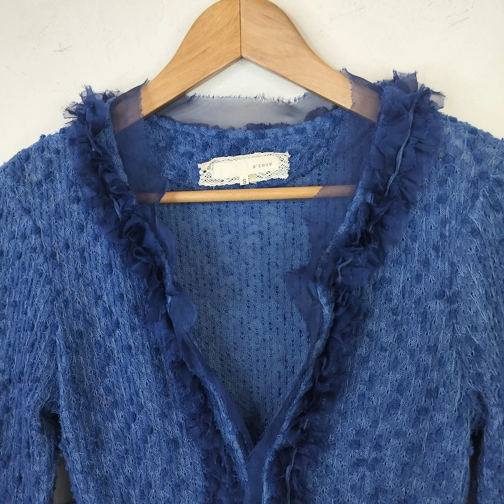 a'reve Cardigan Womens Small Ruffle Chiffon Trim Textured Boho Chic Goth Artsy